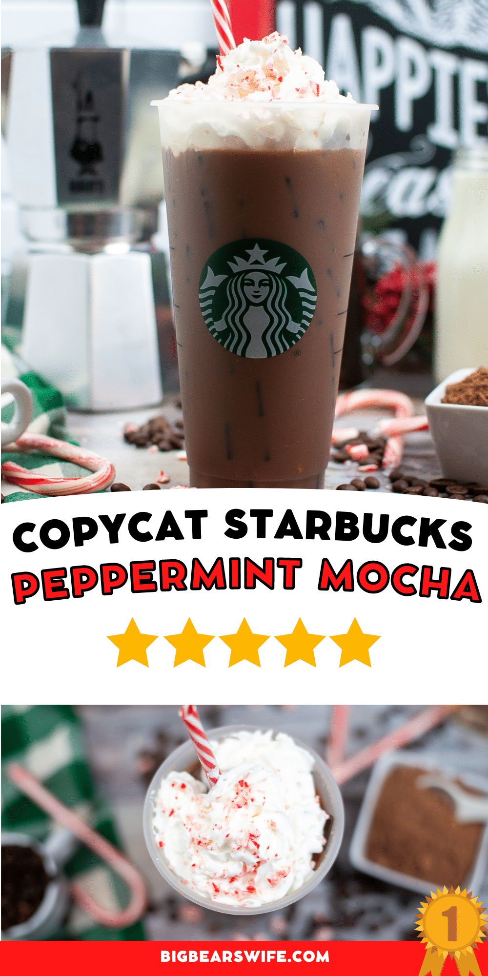 This tasty peppermint mocha is a homemade Copycat Starbucks Peppermint Mocha just like the one from the coffee shop! Espresso, cocoa, steamed milk and peppermint syrup come together to help make this class favorite!  via @bigbearswife