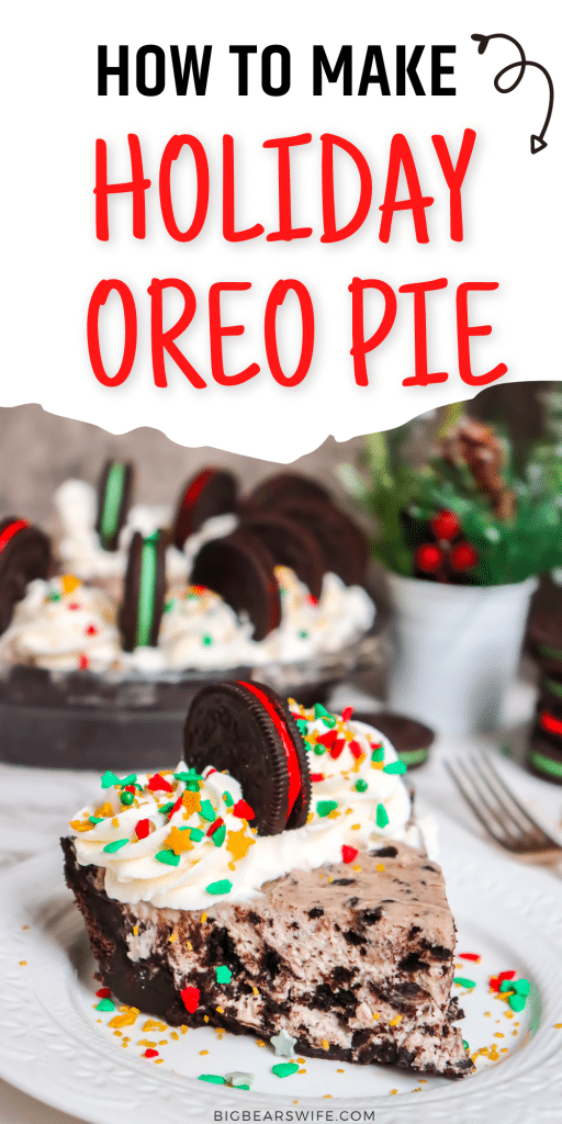 Ready to make a super easy holiday dessert recipe? This Holiday Oreo Pie is a cheesecake pie filled with crushed OREO cookies and topped with Holiday red and green OREO cookies and holiday sprinkles.