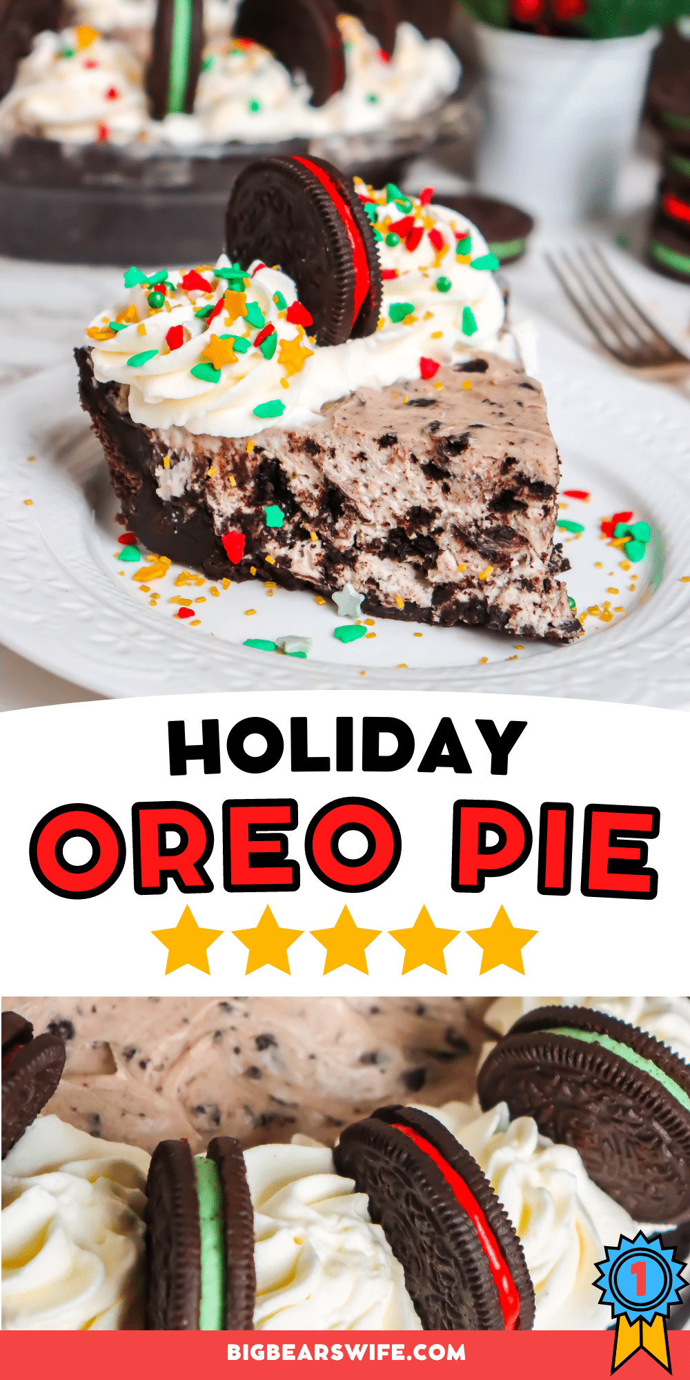 Ready to make a super easy holiday dessert recipe? This Holiday Oreo Pie is a cheesecake pie filled with crushed OREO cookies and topped with Holiday red and green OREO cookies and holiday sprinkles.  via @bigbearswife