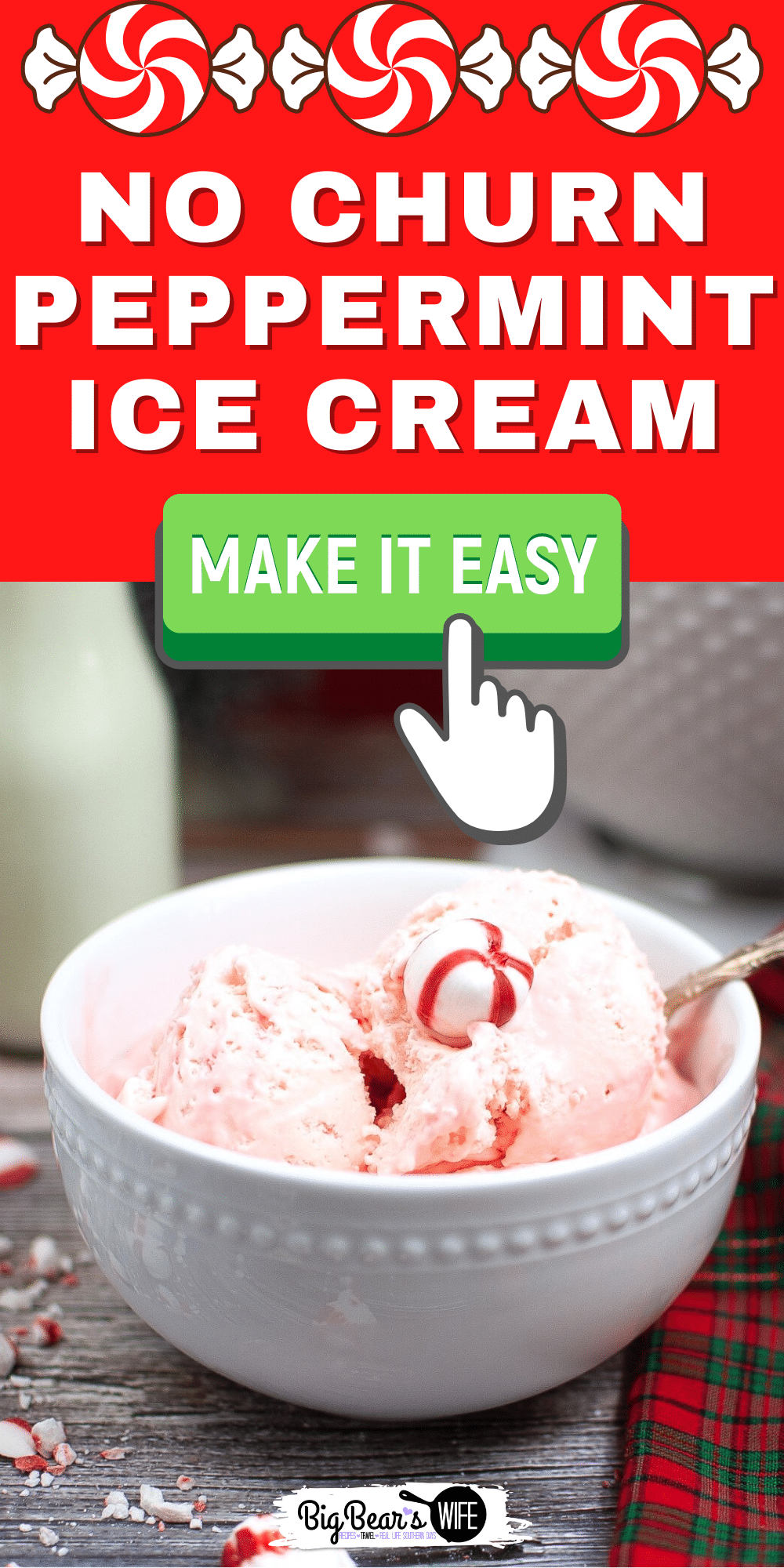 This easy No Churn Peppermint Ice Cream is perfect for the holidays! Great for scooping out onto cones, topping pies or making Peppermint Ice Cream Milkshakes.  via @bigbearswife