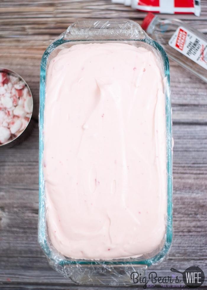 Peppermint Ice Cream in a clear loaf pan