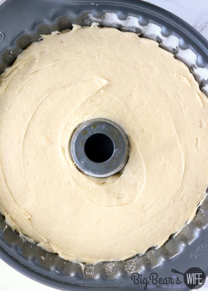Unbaked EGGNOG POUND CAKE in bundt pan