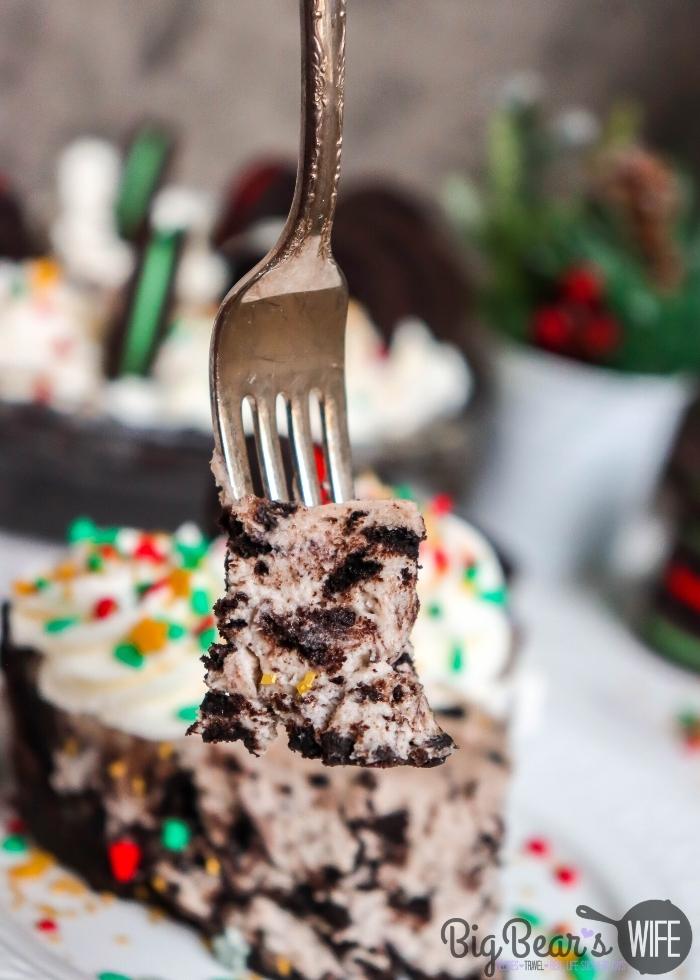 close up of side of a Slice of HOLIDAY OREO PIE on a white plate with Christmas sprinkles
