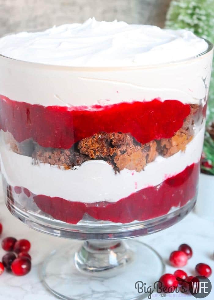 layers of a CHOCOLATE BROWNIE CRANBERRY TRIFLE