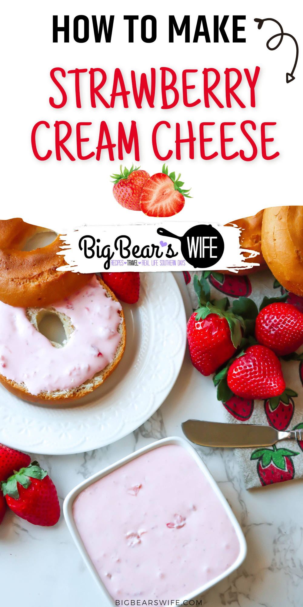 Homemade Strawberry Cream Cheese made with fresh strawberries and smooth cream cheese is super easy to make yourself. It's great as a spread for bagels and toast or as a dip for fruits. Perfect for brunch, Valentine’s Day breakfast or Mother Day Lunch. via @bigbearswife