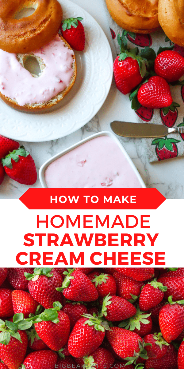 Homemade Strawberry Cream Cheese made with fresh strawberries and smooth cream cheese is super easy to make yourself. It's great as a spread for bagels and toast or as a dip for fruits. Perfect for brunch, Valentine’s Day breakfast or Mother Day Lunch. via @bigbearswife