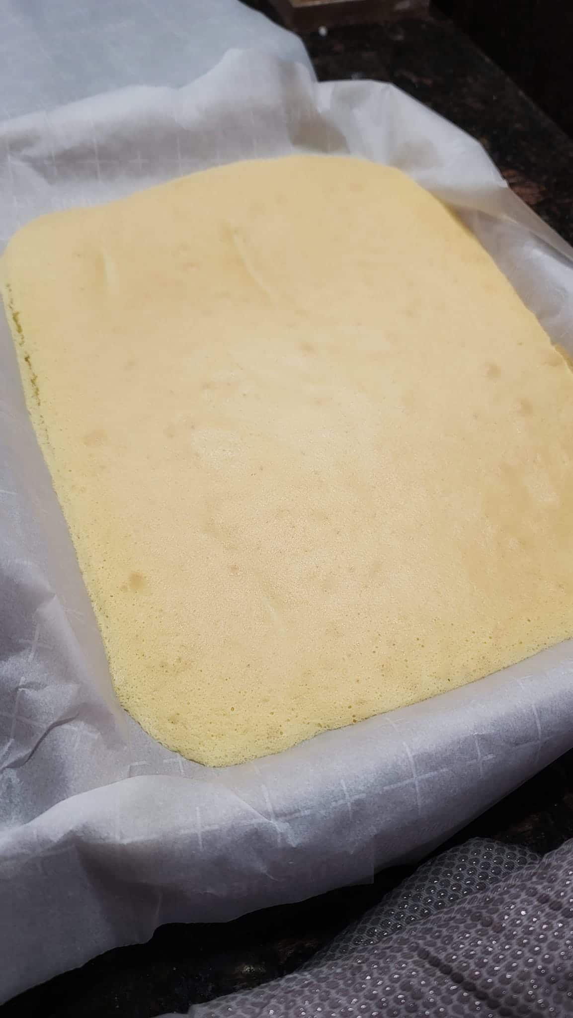 baked yellow sponge cake batter in pan