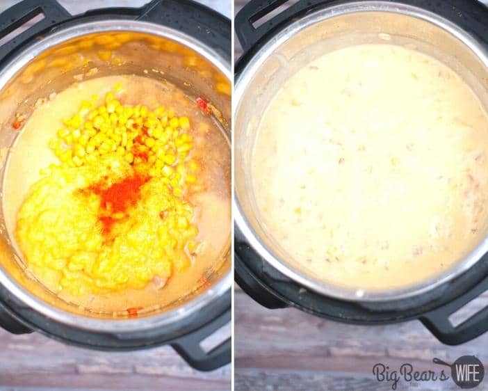 ADDING CORN TO CHICKEN CORN CHOWDER AND COOKING IN INSTANT POT