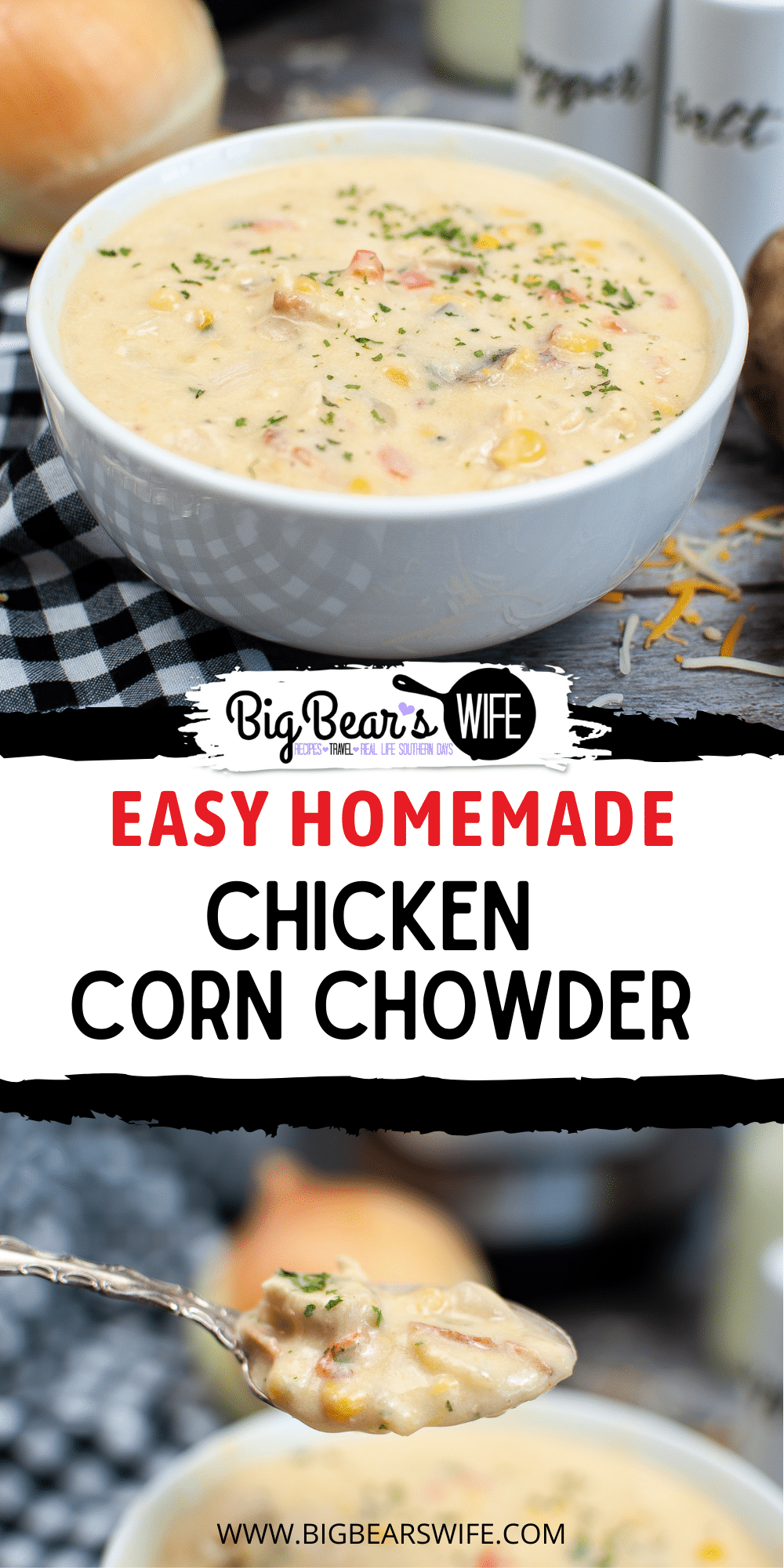 It is cheesy and full of chicken, bacon and corn! This easy Chicken Corn Chowder can be made in the Instant Pot or on the stove top! Great to serve with garlic bread or homemade rolls!  via @bigbearswife
