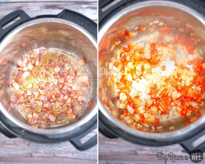 COOKING BACON IN INSTANT POT ON LEFT AND COOKING ONION AND BELL PEPPER ON RIGHT