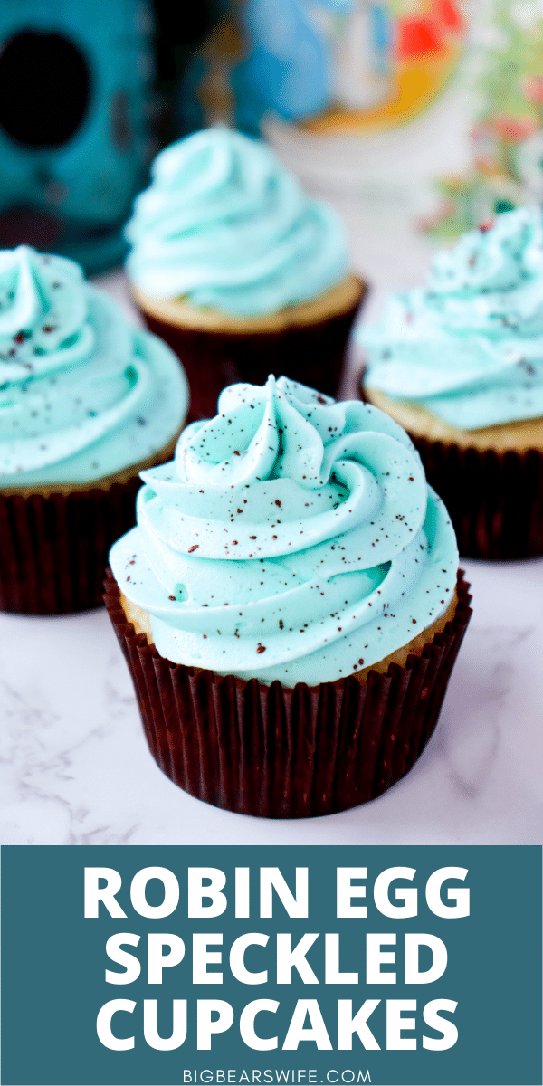 Robin Egg Speckled Cupcakes - soft vanilla cupcakes topped with an easy homemade robin blue frosting with brown mahogany luster dust speckles. Perfect dessert for Easter or Springtime!  via @bigbearswife