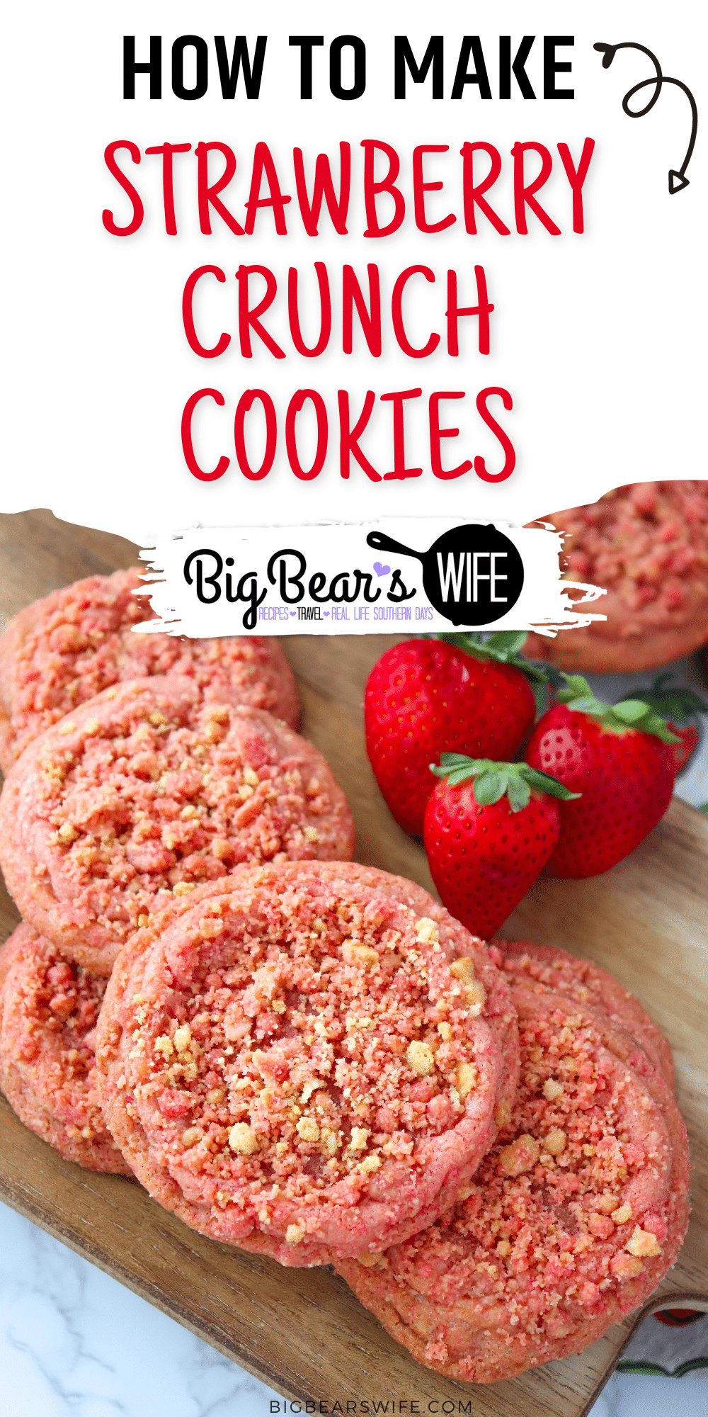 These homemade Strawberry Crunch Cookies are based off of the popular Strawberry Crunch Ice Cream bars and are loaded with strawberry flavor! They even have the iconic Strawberry Crunch topping on top!  via @bigbearswife
