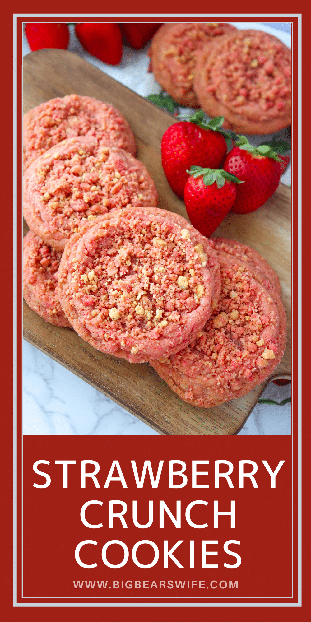 These homemade Strawberry Crunch Cookies are based off of the popular Strawberry Crunch Ice Cream bars and are loaded with strawberry flavor! They even have the iconic Strawberry Crunch topping on top!  via @bigbearswife