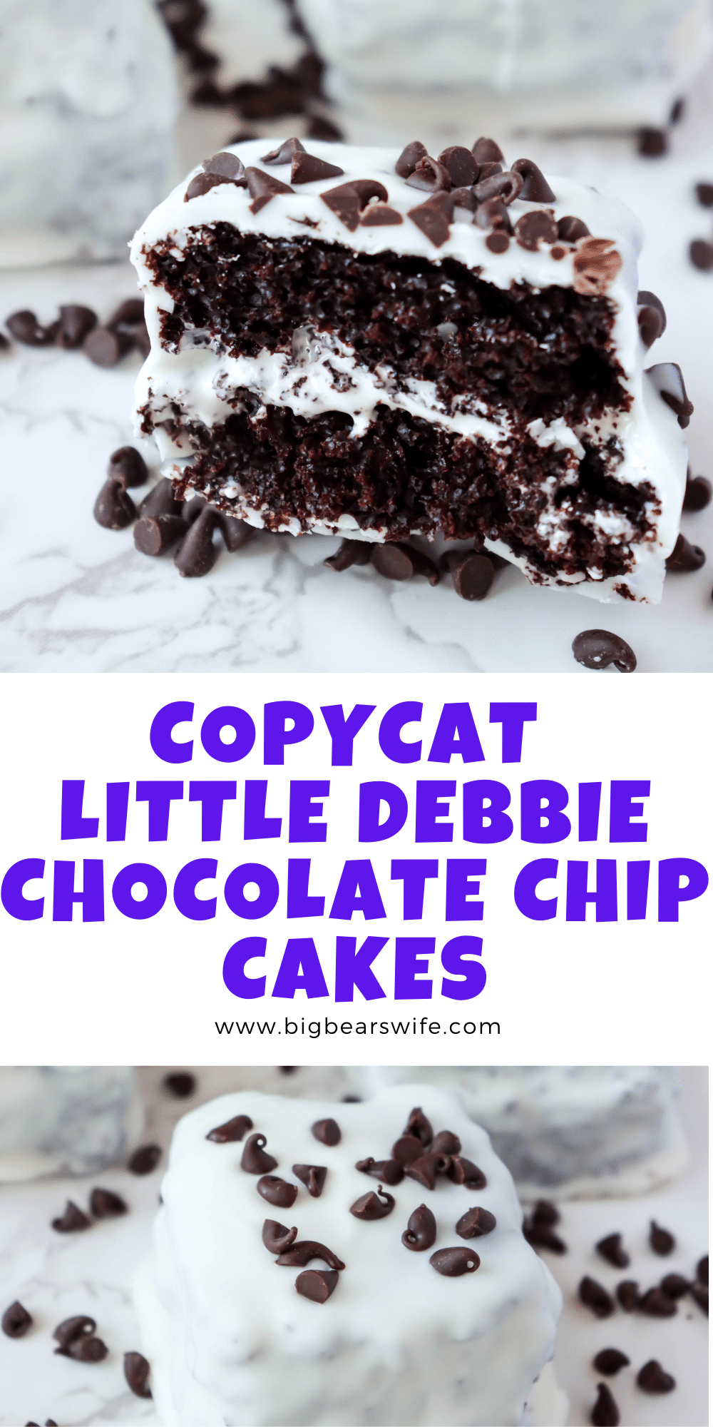 This recipe for CopyCat Little Debbie Chocolate Chip Cakes gives a homemade twist to these classic little cake treats! Layers of homemade chocolate cake with marshmallow cream centers, dipped in white chocolate and topped with mini chocolate chips.  via @bigbearswife