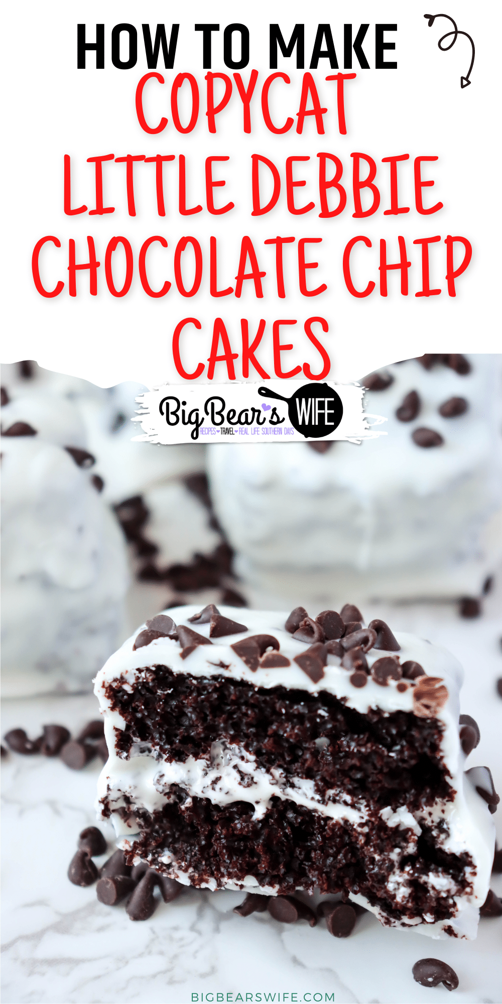 This recipe for CopyCat Little Debbie Chocolate Chip Cakes gives a homemade twist to these classic little cake treats! Layers of homemade chocolate cake with marshmallow cream centers, dipped in white chocolate and topped with mini chocolate chips.  via @bigbearswife