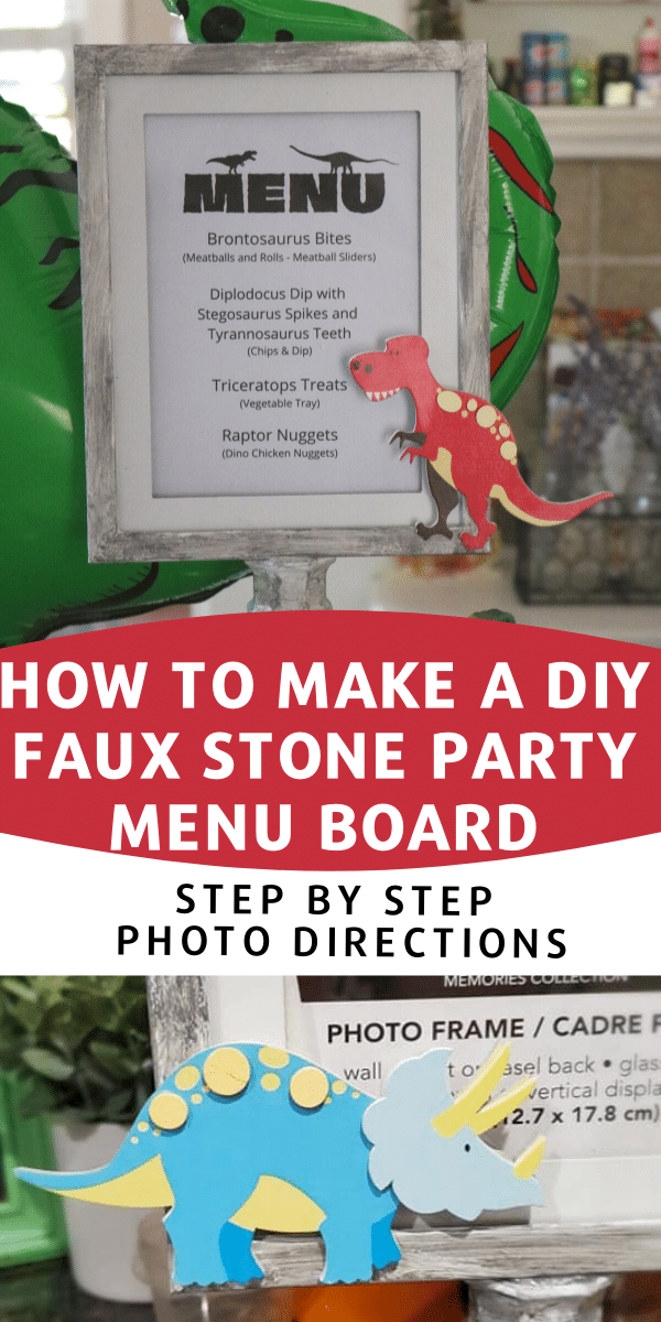 Throwing a party and in need of an awesome menu board? Let me show you How to make a DIY Faux Stone Party Menu Board for just a few dollars! We made these to match a dinosaur theme for a birthday party!  via @bigbearswife