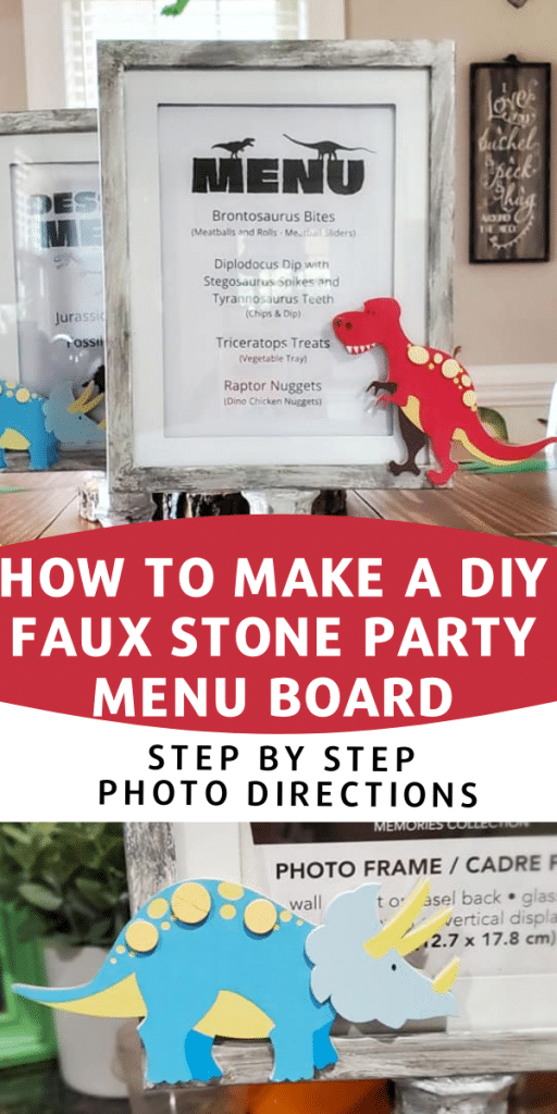 Throwing a party and in need of an awesome menu board? Let me show you How to make a DIY Faux Stone Party Menu Board for just a few dollars! We made these to match a dinosaur theme for a birthday party!