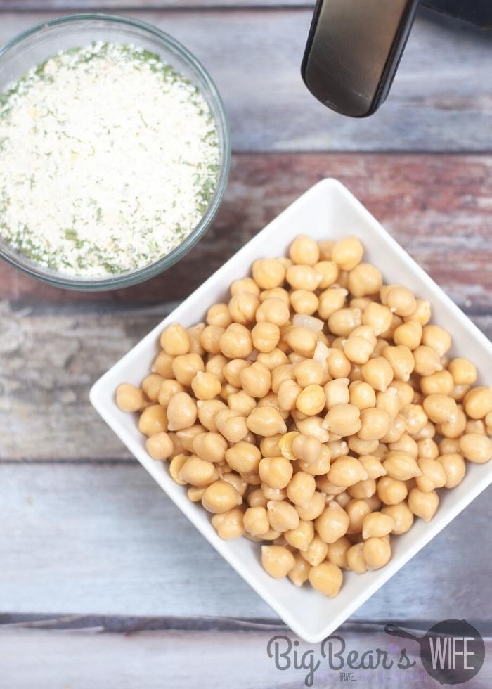 chickpeas and ranch seasoning in white bowls