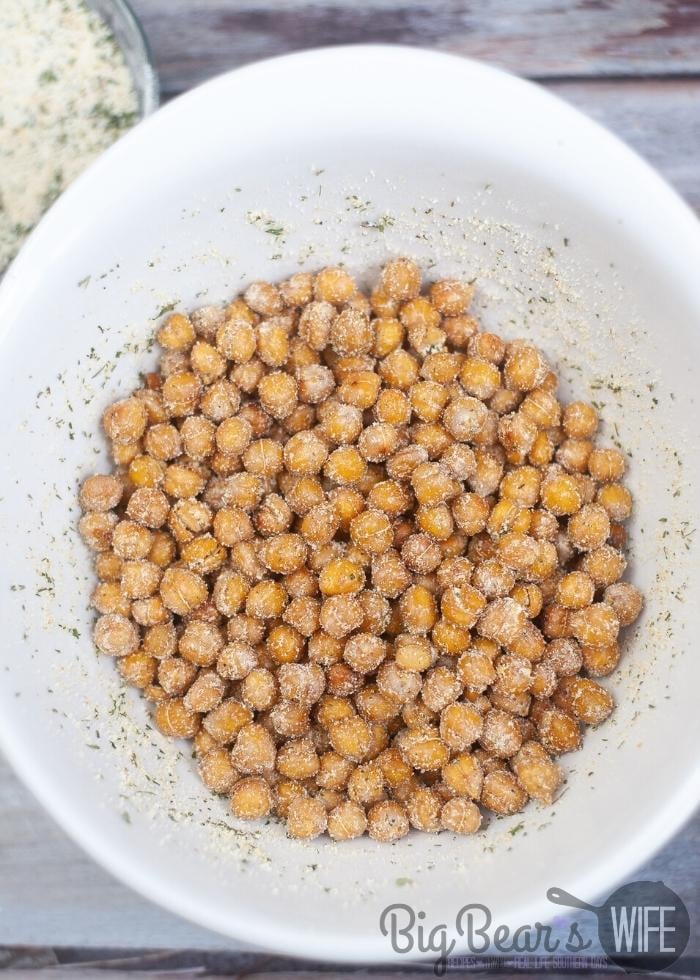 chickpeas with ranch seasoning in a large white bowl