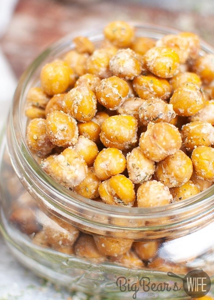 close up of Ranch Chickpeas ion a glass jar