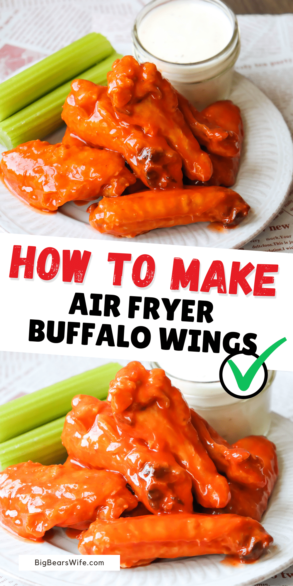 This Amazing Air Fryer Buffalo Wings recipe is going to be a favorite from now on! Crispy chicken wings cooked in the air fryer are coated in homemade buffalo sauce and served with ranch to make the best buffalo wings!  via @bigbearswife