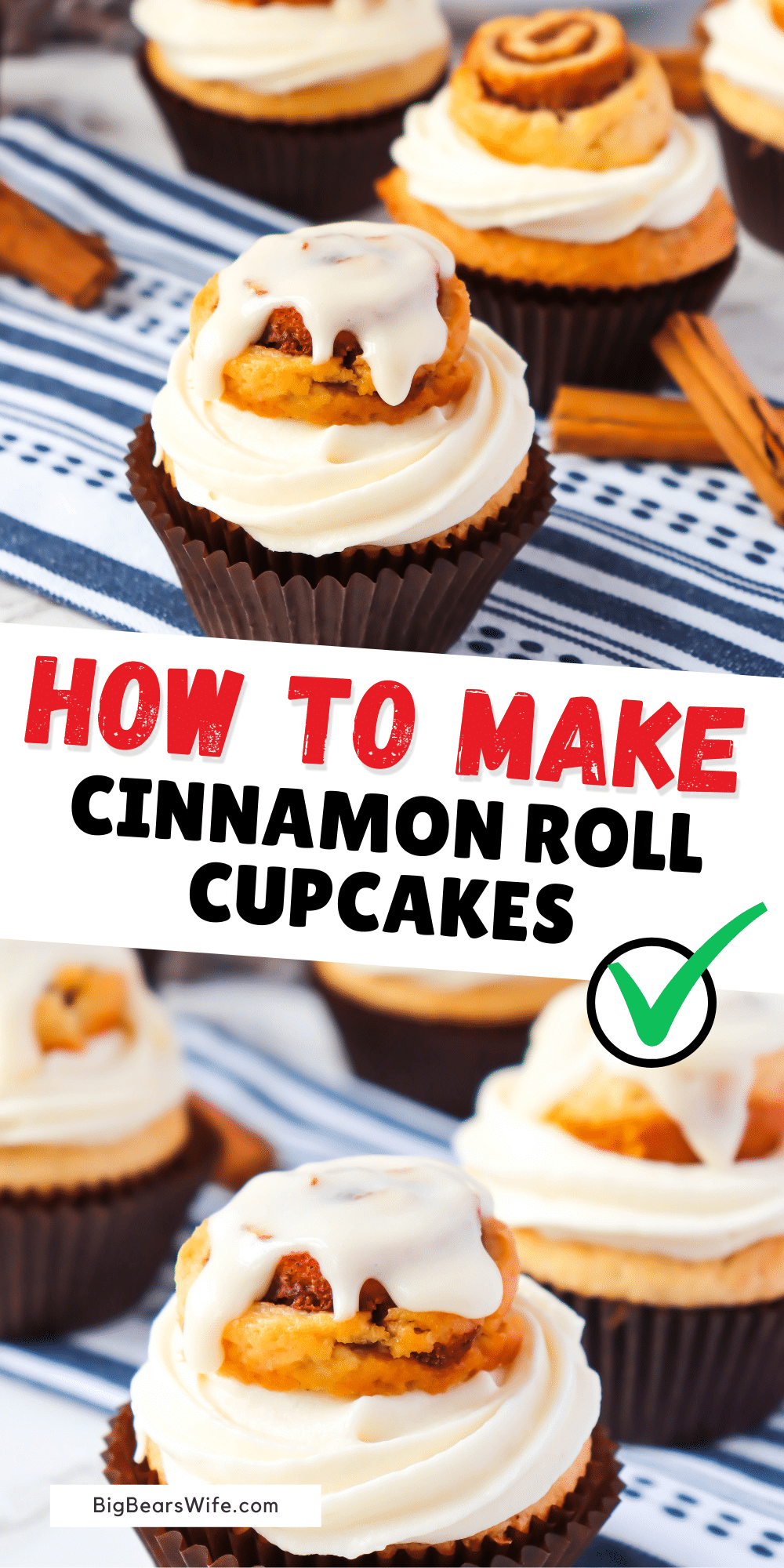 Cinnamon Roll Cupcakes are like a cinnamon roll topped with a cinnamon roll! Start with a white cupcake batter swirled with cinnamon and brown sugar, top it with homemade cinnamon cream cheese frosting, and finish off with a mini cinnamon roll.  via @bigbearswife