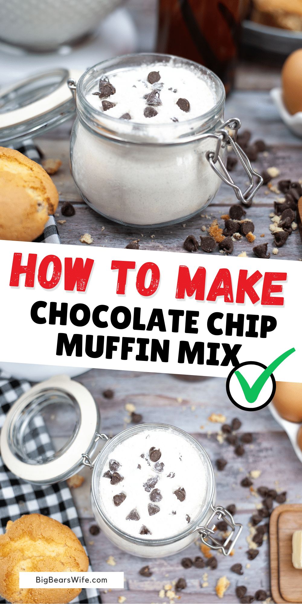 Chocolate Chip Muffin Mix - keep this homemade Chocolate Chip Muffin Mix in the pantry for when you're ready to make breakfast chocolate chip muffins or gift a jar of it with a sweet tag to a friend as a fun homemade gift!  via @bigbearswife