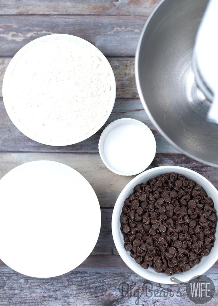 Ingredients for the DRY CHOCOLATE CHIP MUFFIN MIX - overhead shot, sugar, flour salt and chocolate chips