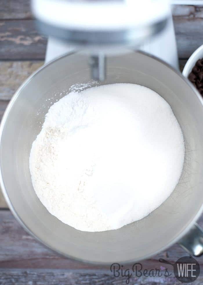 Sugar and Flour Mixed in a mixing bowl - Overhead shot