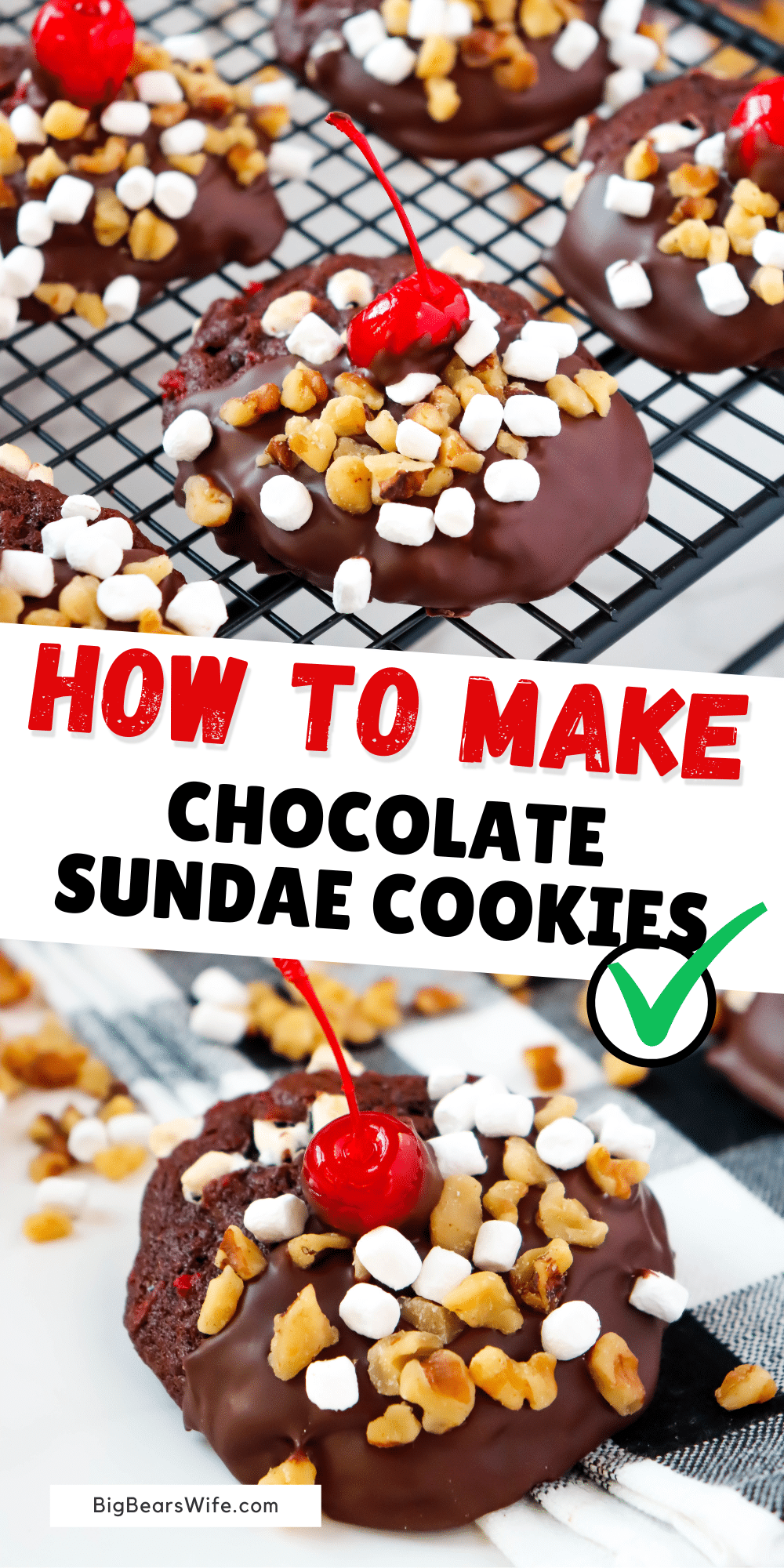 Bring the ice cream parlor home with these fun Chocolate Sundae Cookies! Homemade Chocolate cookies with cherries are topped with melted chocolate, marshmallows, walnuts and a cherry!  via @bigbearswife