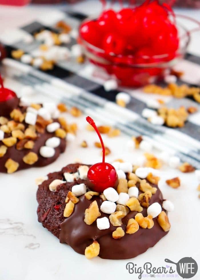 Chocolate Sundae Cookies with cherries in background