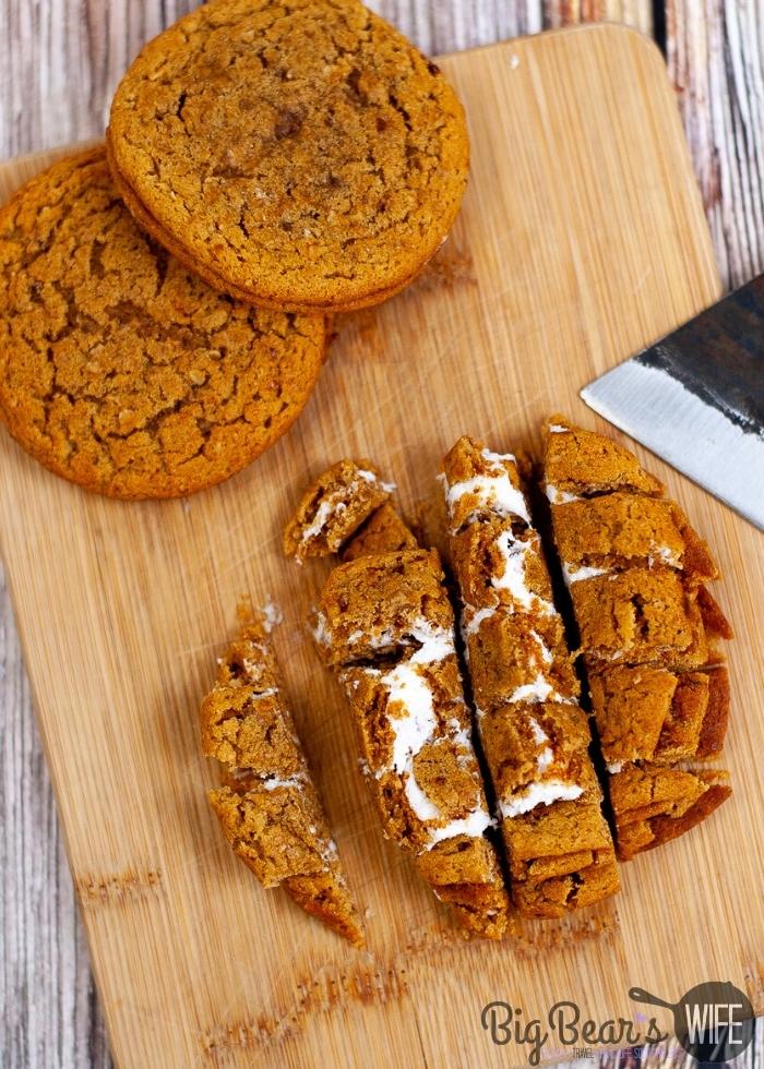 Cutting up Oatmeal Cream Pie Snack Cakes