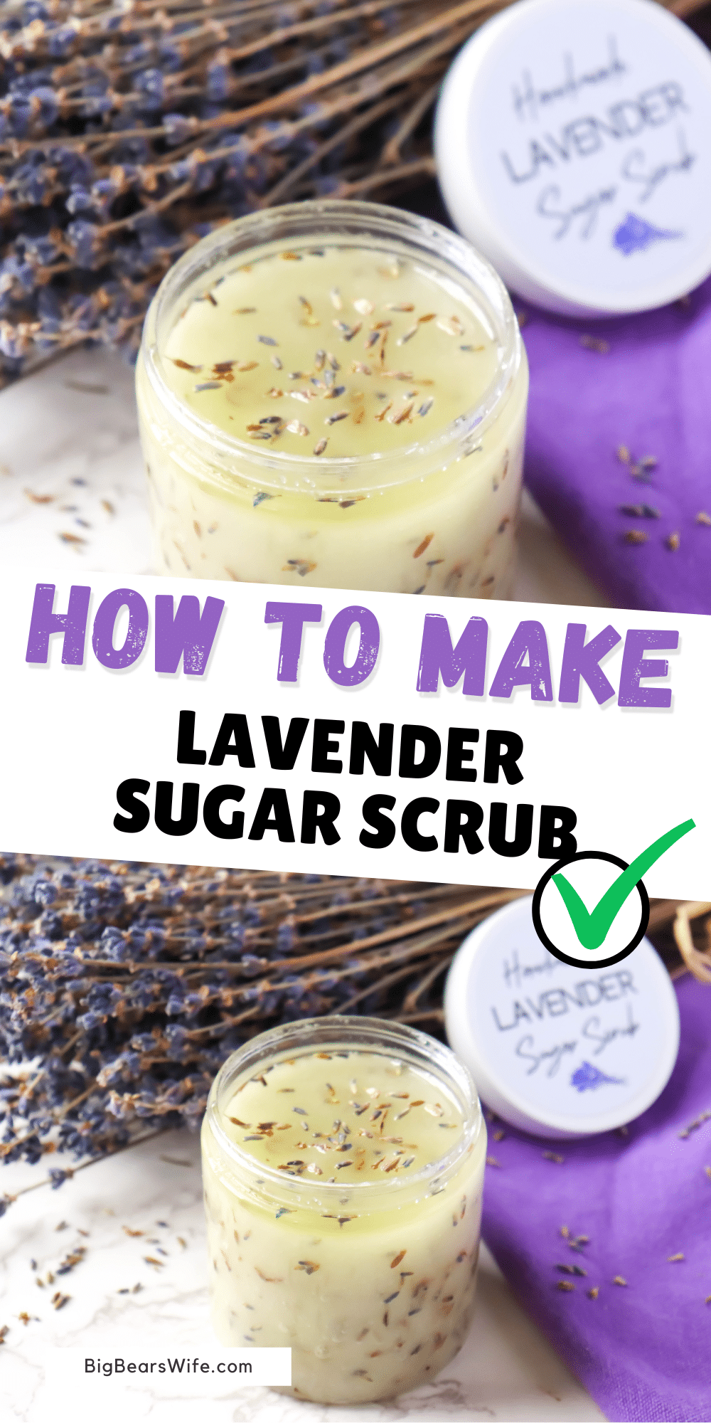 You'll love how easy this Homemade Lavender Sugar Scrub is to make! This homemade sugar scrub makes your skin super soft, it's simple to make and great for a DIY homemade gift!  via @bigbearswife