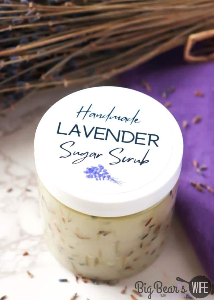 Jar of Homemade Lavender Sugar Scrub with sticker label on top