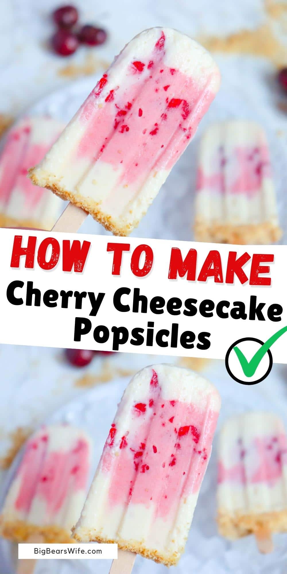 These Cherry Cheesecake Popsicles are made up of swirls of frozen cheesecake, cherry pie filling, and crushed graham crackers. Whisk them up and pop them into the freezer for the perfect summer treat! via @bigbearswife