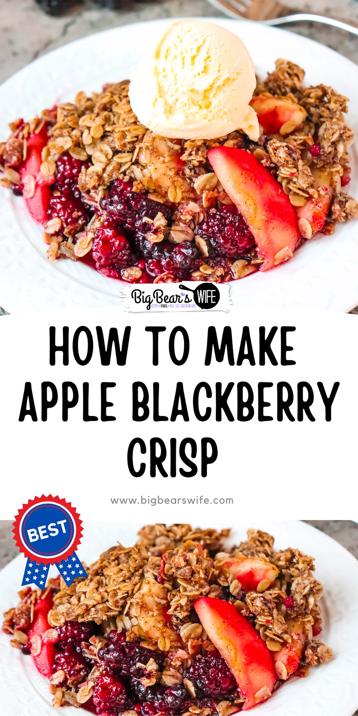 Fill your home with the fabulous smell of apples, blackberries and cinnamon with this easy homemade apple blackberry crisp recipe! Bake until hot and serve with a cold scoop of vanilla ice cream for the perfect after dinner treat! via @bigbearswife