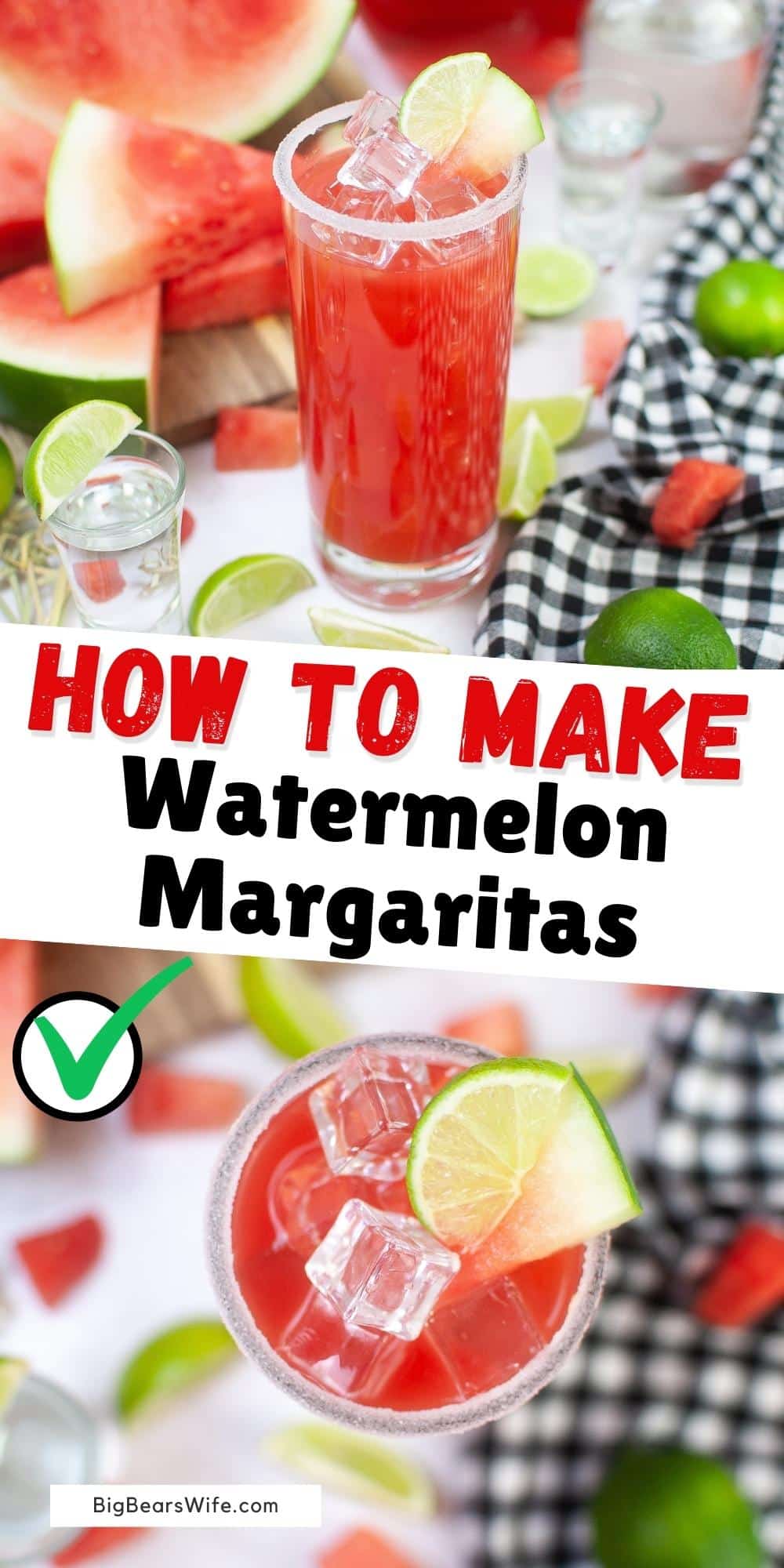 These amazing Watermelon Margaritas are made with fresh chunks of watermelon, honey, lime juice and tequila! Salt up a rim on your favorite class and serve this summer cocktail over ice! via @bigbearswife