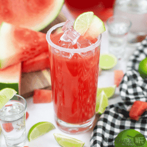 These amazing Watermelon Margaritas are made with fresh chunks of watermelon, honey, lime juice and tequila! Salt up a rim on your favorite class and serve this summer cocktail over ice!
