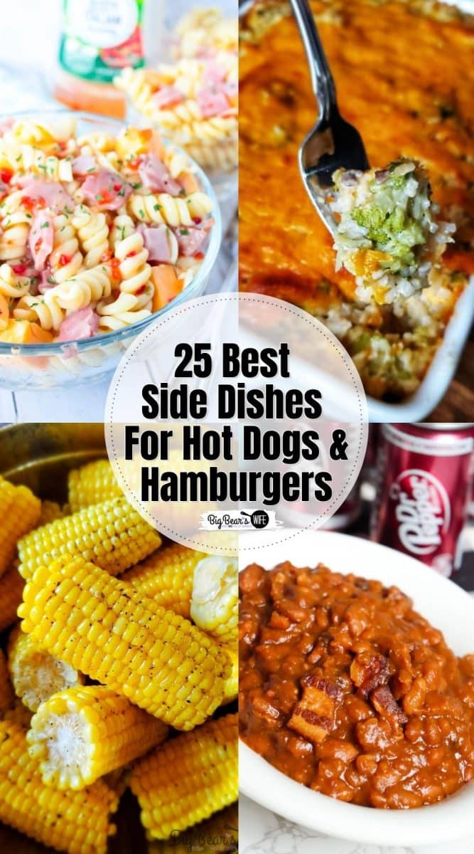 If you're making hot dogs and burgers for dinner, you'll want to have some side dishes to go with them! Here we've got 25 of the best side dishes to serve up with hot dogs, corn dogs, burgers, and cheeseburgers!