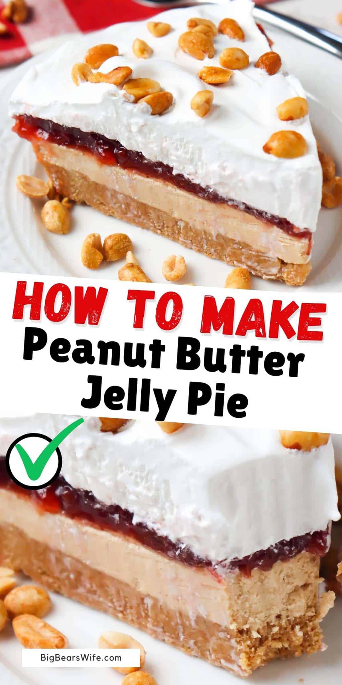 We’ve got a peanut butter and jelly sandwich in pie form! This Peanut Butter Jelly Pie is a delicious frozen treat has layers of peanut butter cookies, peanut butter filling, strawberry jelly and whipped topping! This pie is best served frozen!  via @bigbearswife