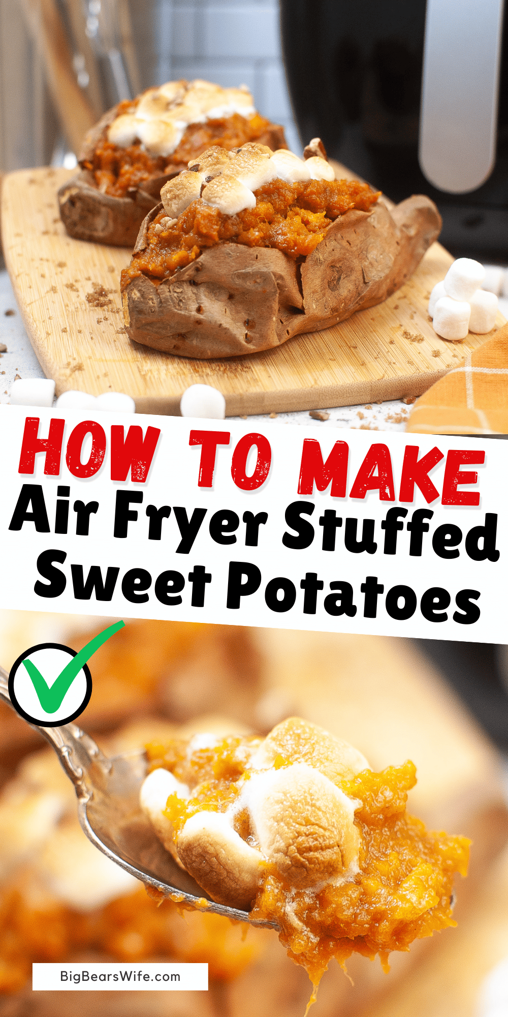 Air Fryer Stuffed Sweet Potatoes- Let's make some perfectly baked sweet potatoes in the Air Fryer! We're packing these with some wonderful flavors and topping them with chopped pecans and toasted mini marshmallows! via @bigbearswife