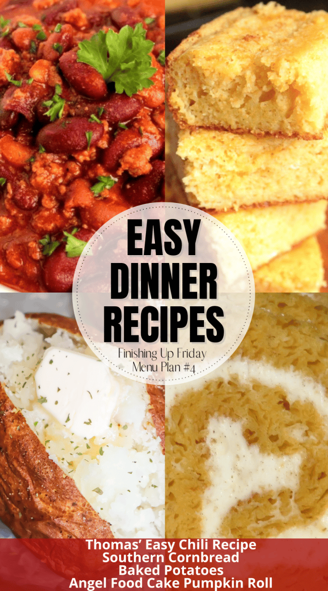 This week's meal plan is all about fall! We're serving up big bowls of Thomas' Easy Homemade Chili, Southern Cornbread that is perfect with melted butter, baked potatoes and a super easy Pumpkin Angel Food Roll Cake for Dessert!