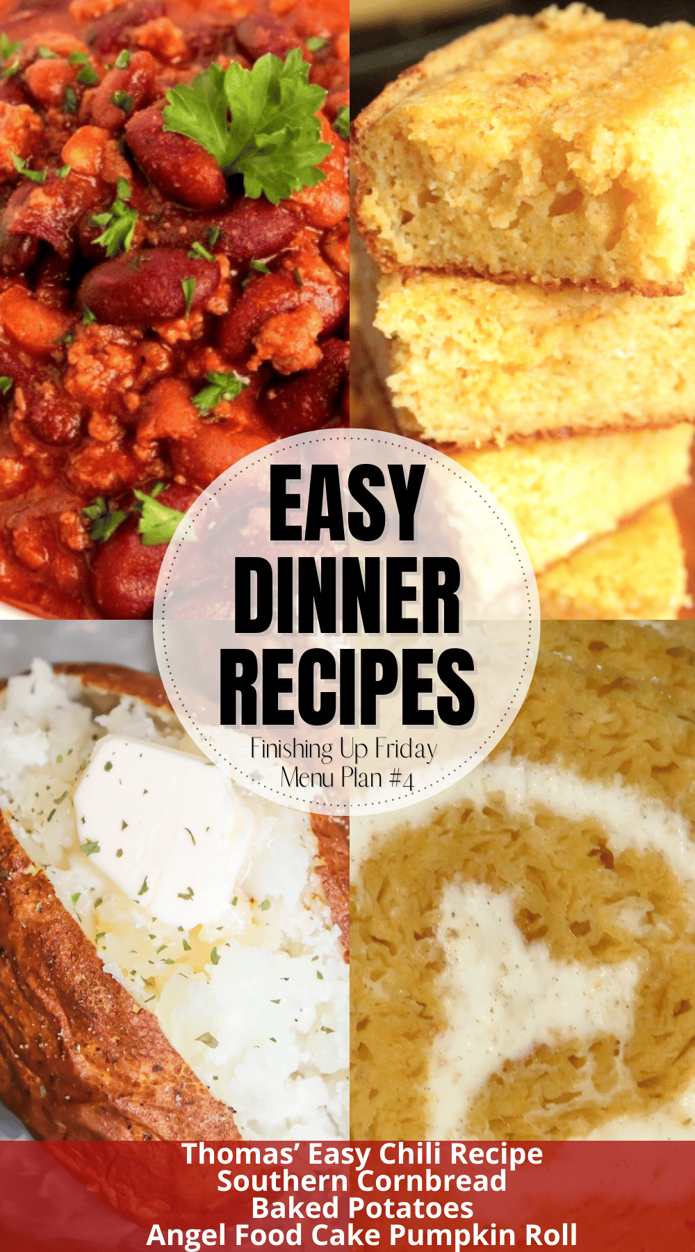 This week's meal plan is all about fall! We're serving up big bowls of Thomas' Easy Homemade Chili, Southern Cornbread that is perfect with melted butter, baked potatoes and a super easy Pumpkin Angel Food Roll Cake for Dessert! via @bigbearswife