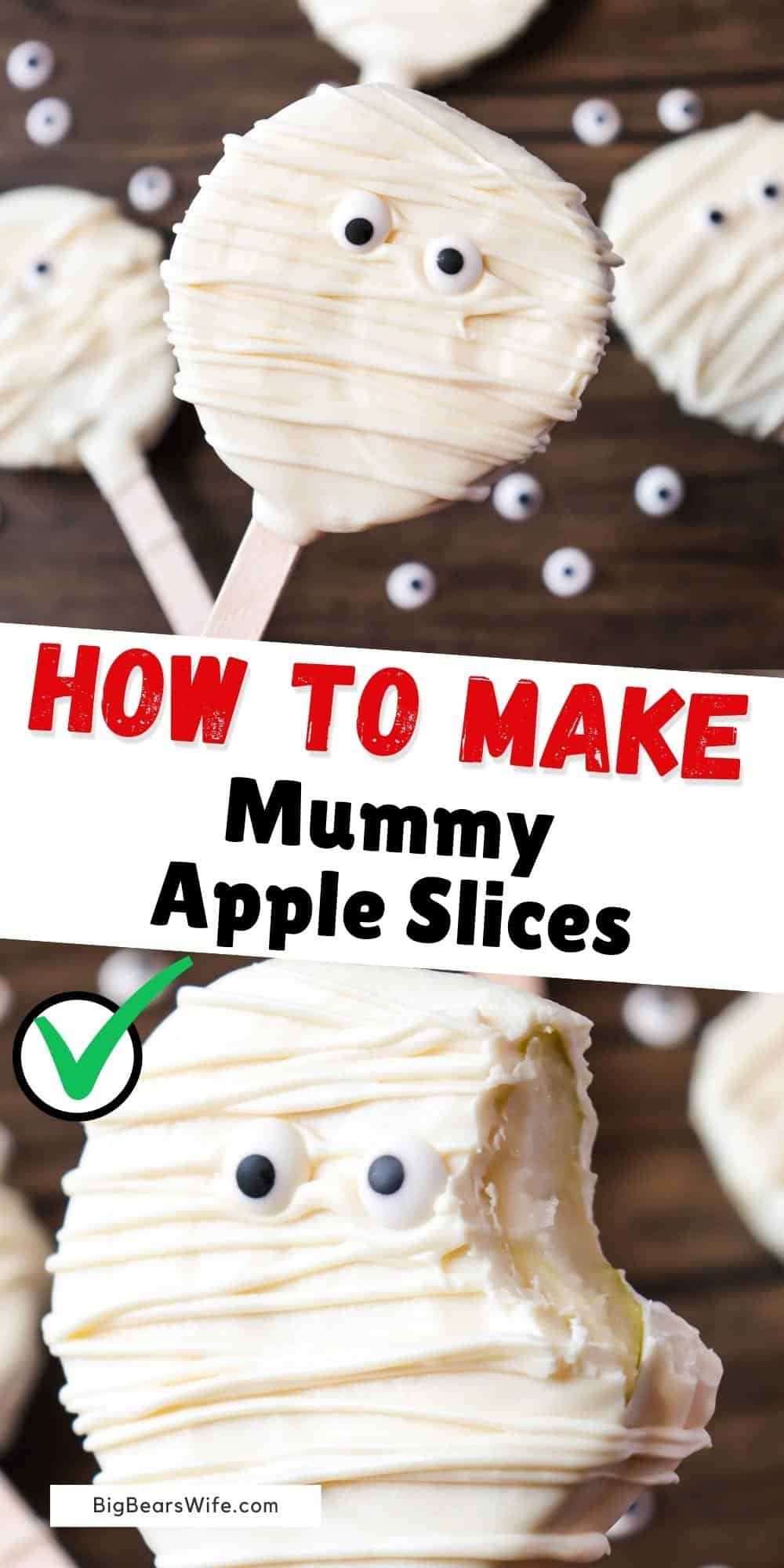 An easy Halloween dessert, these Mummy Apple Slices use slices of apples instead of the entire apple so you get more servings per apple!  via @bigbearswife
