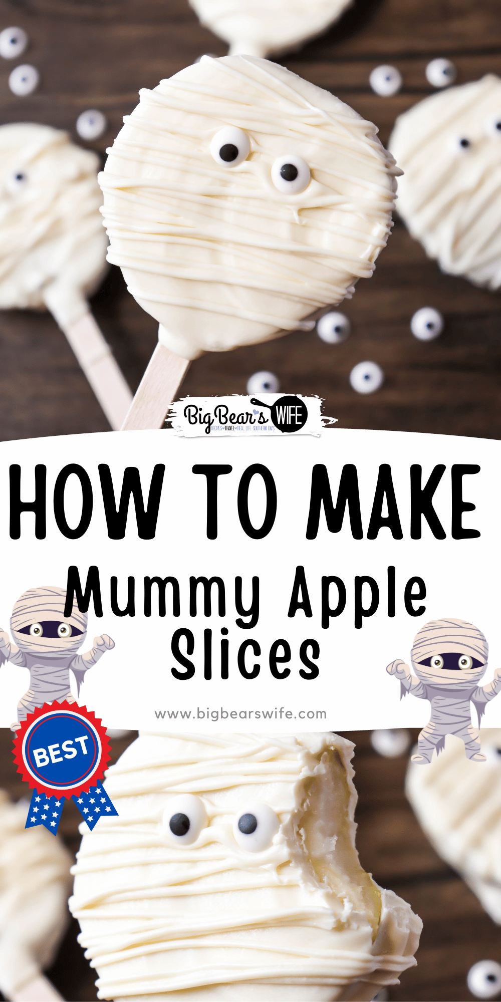 An easy Halloween dessert, these Mummy Apple Slices use slices of apples instead of the entire apple so you get more servings per apple! via @bigbearswife