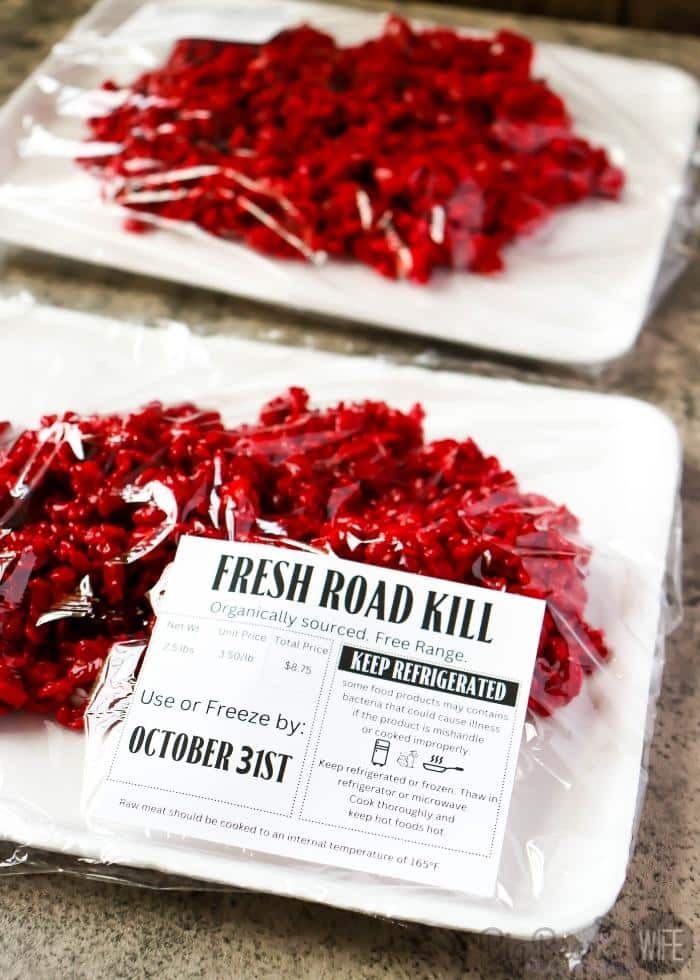 Raw Meat Halloween Rice Krispie Treats with Fresh Road Kill Label