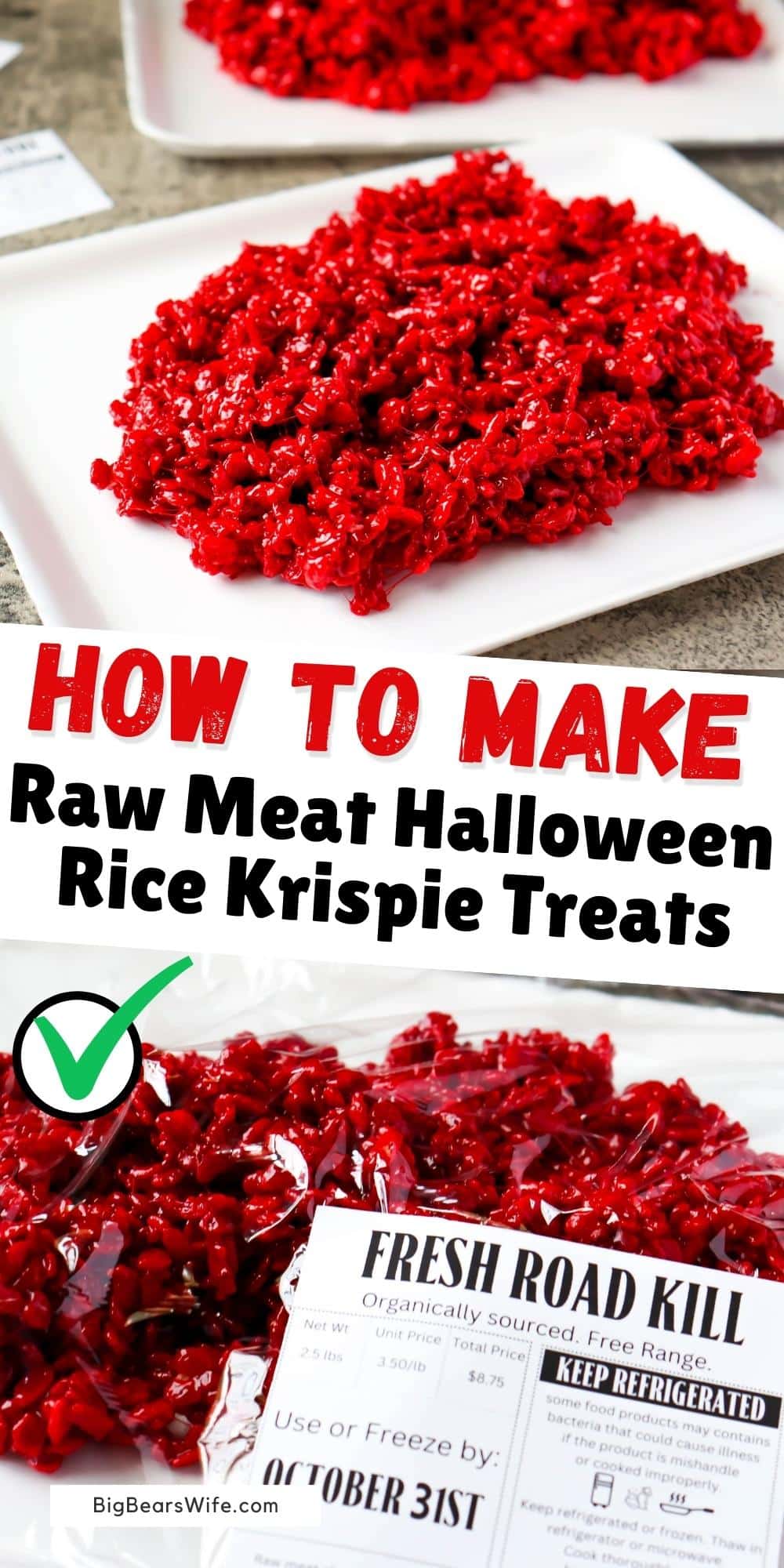 Creepy out your friends and family by serving up platters of Raw Meat Halloween Rice Krispie Treats this year for Halloween! Red Velvet Rice Krispie Treats serves on (clean and unused) meat trays with "road kill" labels will have them running for the hills! via @bigbearswife