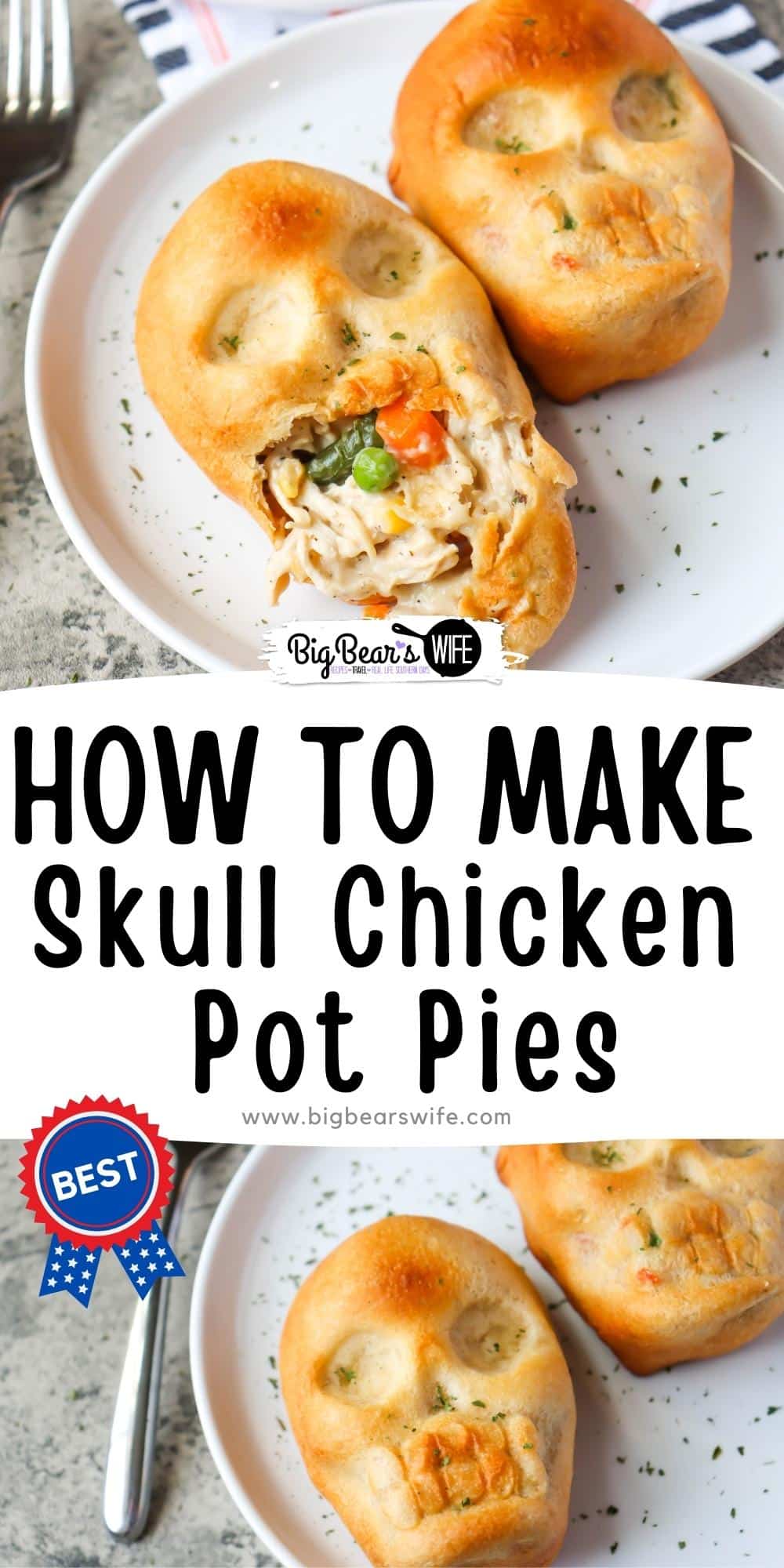 Crescent roll dough filled with an easy chicken pot pie filling, baked in a skull shaped pan makes the perfect dinner for Halloween! Skull Chicken Pot Pies are a perfect spooky addition to the dinner table.  via @bigbearswife