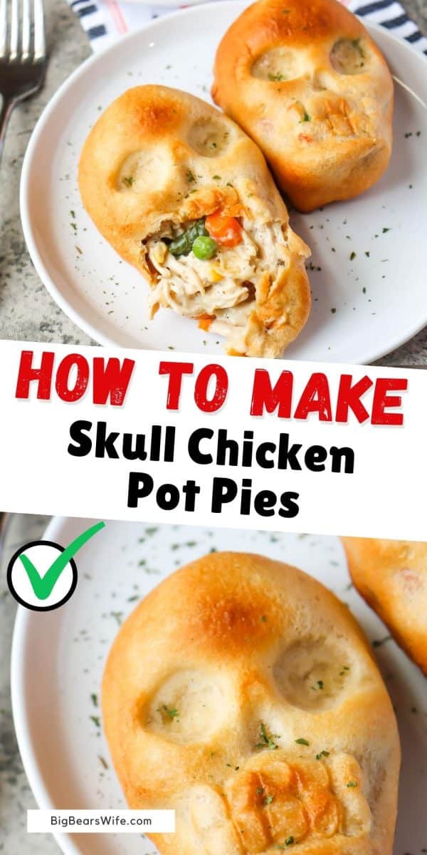 Crescent roll dough filled with an easy chicken pot pie filling, baked in a skull shaped pan makes the perfect dinner for Halloween! Skull Chicken Pot Pies are a perfect spooky addition to the dinner table.