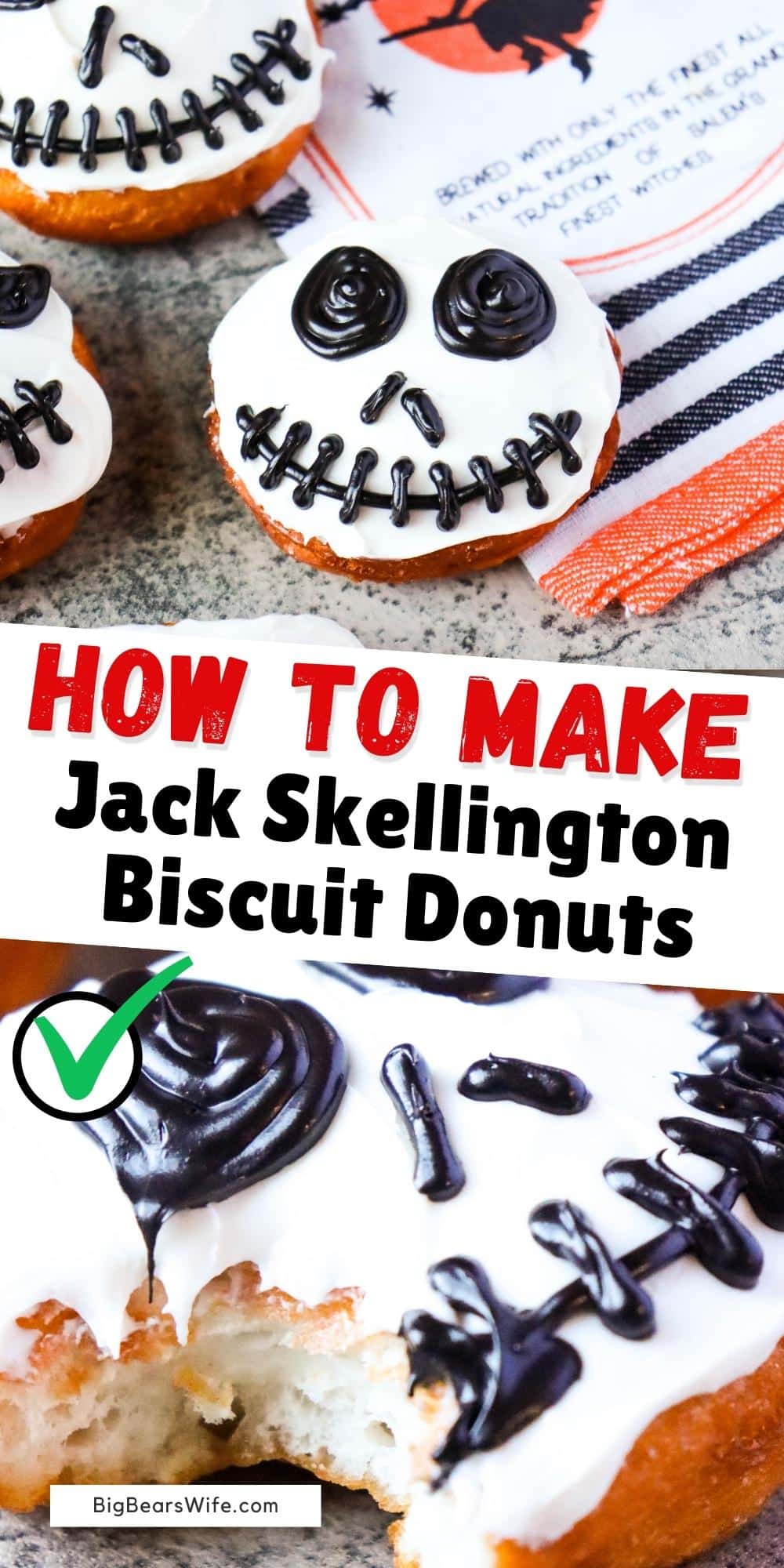 These Jack Skellington Biscuit Donuts are made with canned biscuits and fried until golden brown, before being decorated to look like Disney's Jack Skellington with frosting. via @bigbearswife